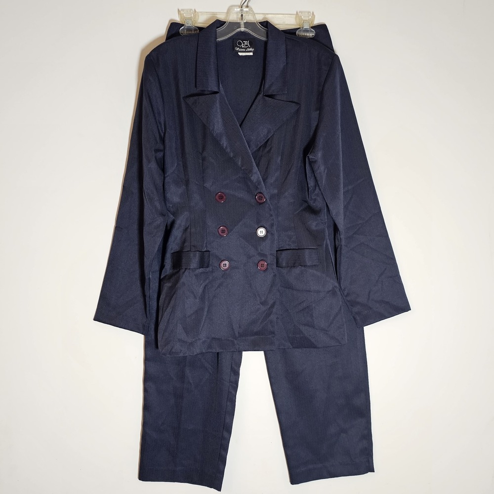 Victoria Ashley Pants Set Womens 9/10 Navy Blue Pinstripe Double Breasted Office
